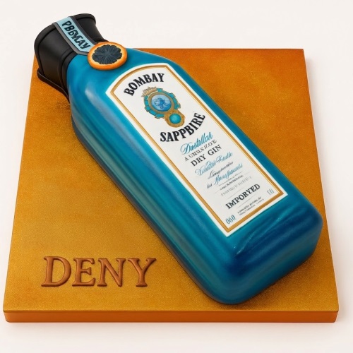 3D gin bottle shaped birthday cake with a personalised name on a gold board.
