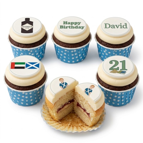 Set of personalised birthday cupcakes with Scottish flag, male figure, gin bottle, and custom age toppers.