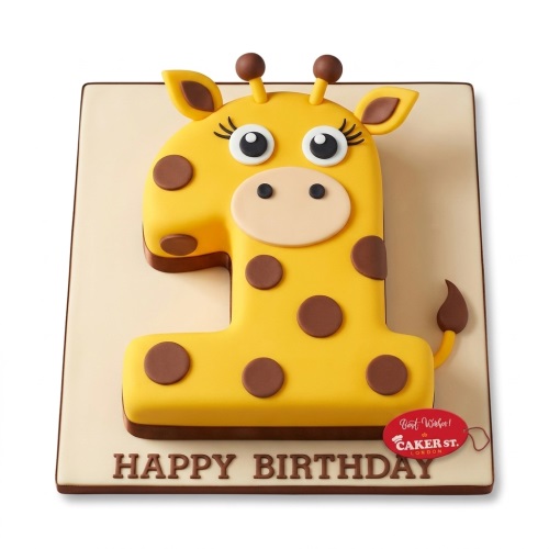 Yellow number one cake decorated as a giraffe with brown spots and 'Happy Birthday' message.