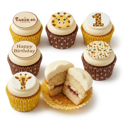Assortment of giraffe themed birthday cupcakes with a custom age '1' topper and 'Happy Birthday' message.