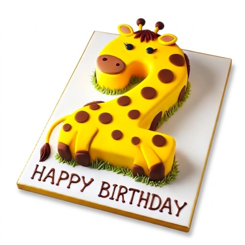 Yellow number 2 shaped giraffe cake with brown spots and "Happy Birthday" message.