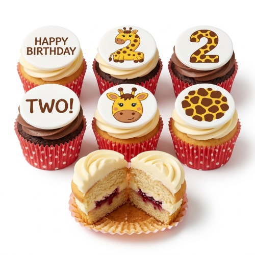 Giraffe theme birthday cupcakes with number 2 and 'Happy Birthday' toppers, red cases.