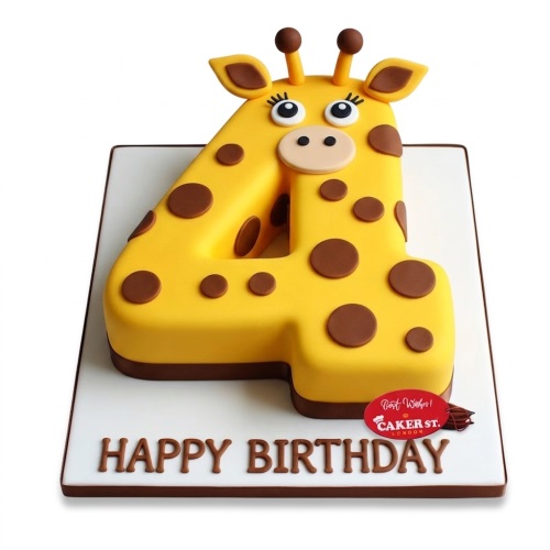 Yellow number 4 shaped cake decorated as a giraffe with brown spots and 'Happy Birthday' message.