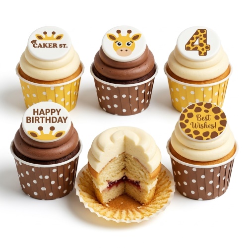Six giraffe theme birthday cupcakes with yellow and brown frosting, some with custom age and message toppers.