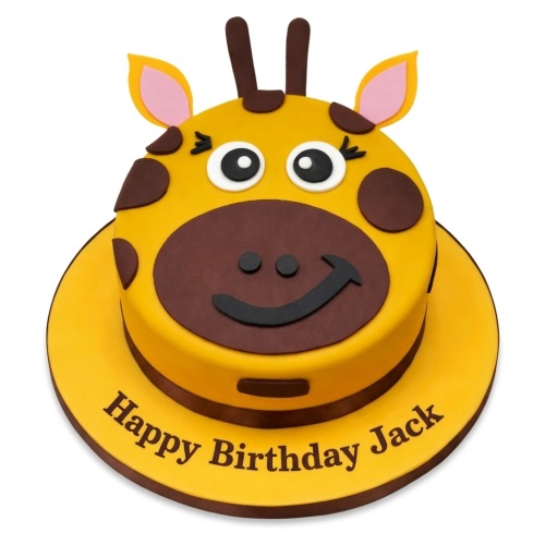 Yellow round birthday cake decorated as a friendly giraffe face with brown spots and a personalised message.