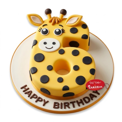 Yellow number 6 cake decorated as a giraffe with black spots and 'Happy Birthday' message.