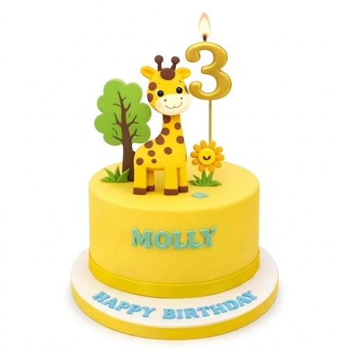 Yellow round cake with a cute giraffe topper, green tree, smiling flower, and a gold number candle.