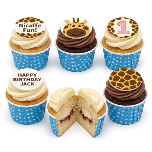 Six cupcakes with giraffe face, giraffe print, custom age and name toppers in blue polka dot wrappers.