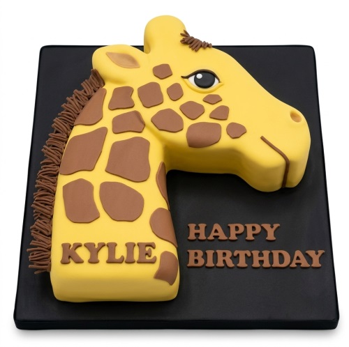 Yellow giraffe head shaped birthday cake with brown spots and mane, on a black board with a custom name and 'Happy Birthday' message.
