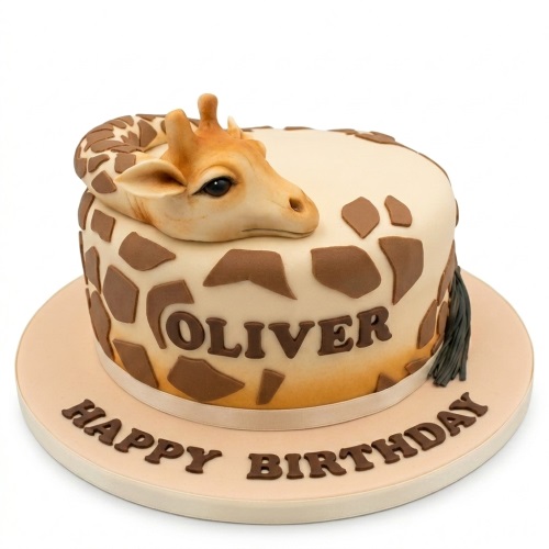 Round cream birthday cake with brown giraffe spots, 3D giraffe head, and black tail.
