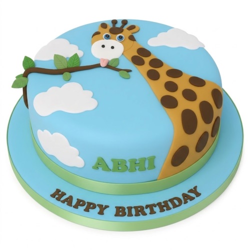 Round blue birthday cake with a 3D giraffe, clouds, and green leaves, with space for a personalised name and message.