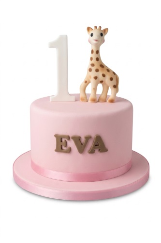 Pink Sophie la Girafe birthday cake with a number topper and personalised name