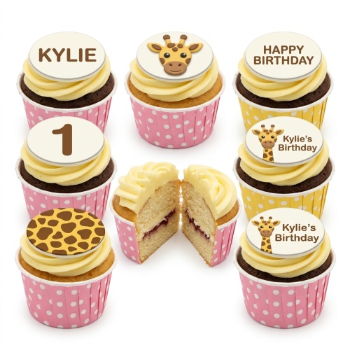 Giraffe themed birthday cupcakes with yellow and pink polka dot cases and custom toppers.