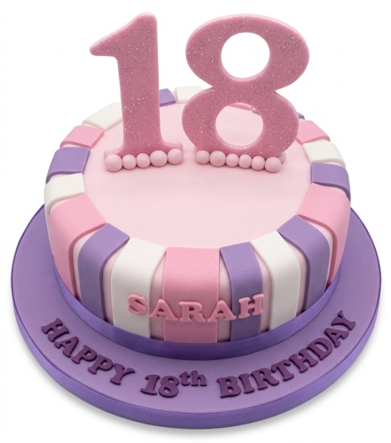 Pink and purple striped birthday cake with glittery custom age topper and personalised name.