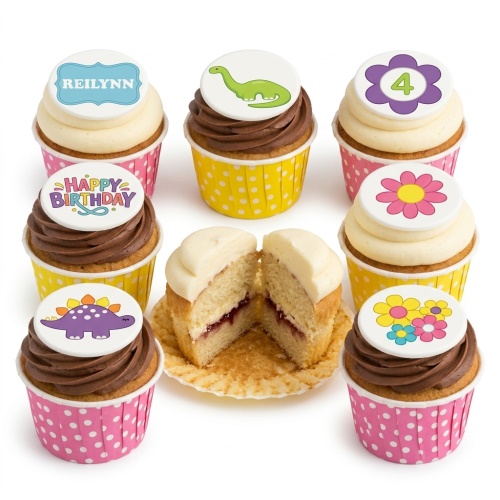 Kids birthday cupcakes with dinosaur and floral toppers, featuring custom age and name options.