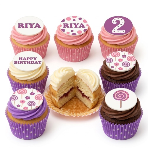 Assorted pink and purple cupcakes with lollipop, flower, custom name, and custom age toppers.