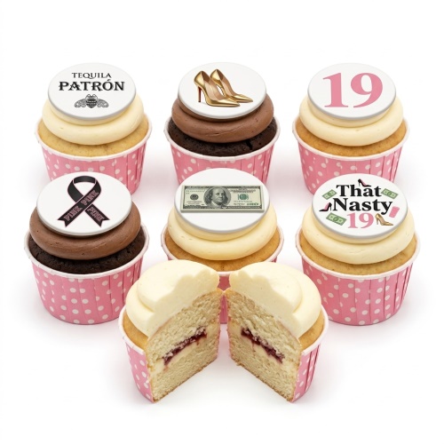 Set of vanilla and chocolate cupcakes with white and brown frosting, topped with edible discs featuring high heels, Tequila Patron logo, a $100 bill, a black ribbon, and a custom age topper with playful text. One cupcake is cut open revealing a jam filling.