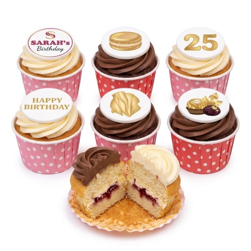 Assortment of elegant birthday cupcakes with white and chocolate frosting, gold-accented toppers including a macaron, luxury chocolate, and custom age/message examples, in pink polka dot cases.