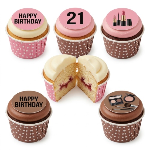 Selection of birthday cupcakes with makeup and 'Happy Birthday' toppers, one with a '21' topper, in pink and brown polka dot cases.