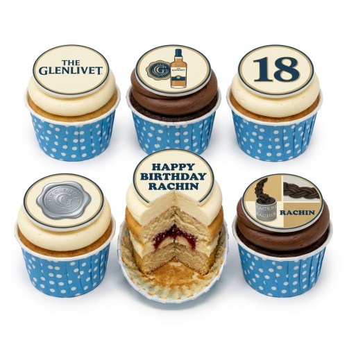 Six Glenlivet themed birthday cupcakes with whisky bottle, logo, and custom age toppers.