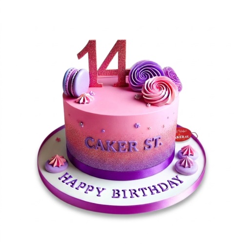Pink and purple ombre cake with glitter, macarons, and floral swirls, topped with a custom age number and 'Happy Birthday' message.