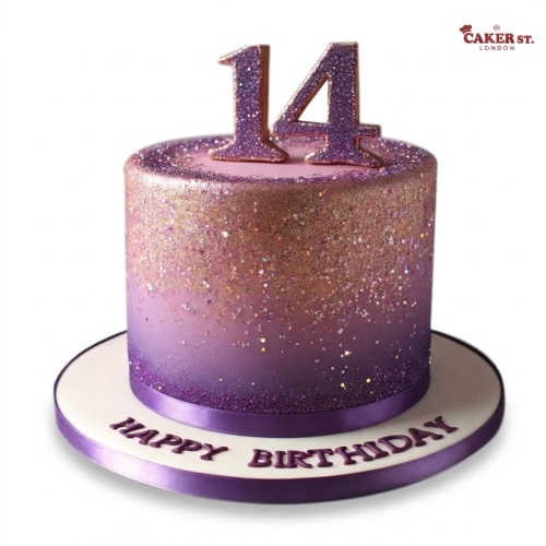 Glitter ombre birthday cake with purple and pink hues, topped with a custom age number and "Happy Birthday" message.