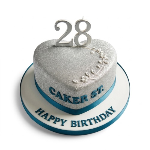 Heart-shaped silver glitter birthday cake with white floral detail and custom age topper.