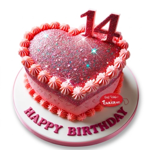 Pink heart shaped birthday cake with glitter and a custom age topper.