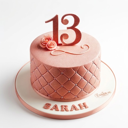 Rose gold quilted birthday cake with custom age topper and sugar roses.