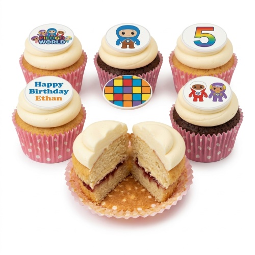 Pilolo World themed cupcakes with character toppers, colourful blocks, and a custom age number.