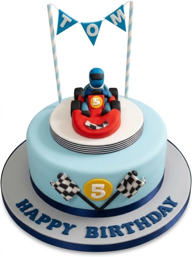 Light blue go-kart racing birthday cake with a driver figurine, chequered flags, and a custom age topper.