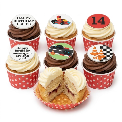Go-kart racing theme cupcakes with custom age topper and personalised message.