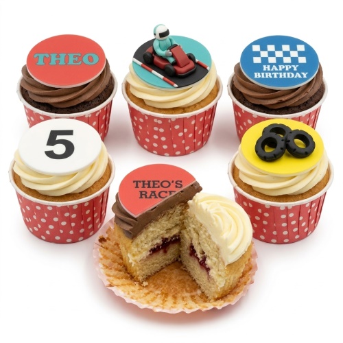 Six racing themed cupcakes with go-kart, checkered flag, and tyre toppers, with a custom age and example name.