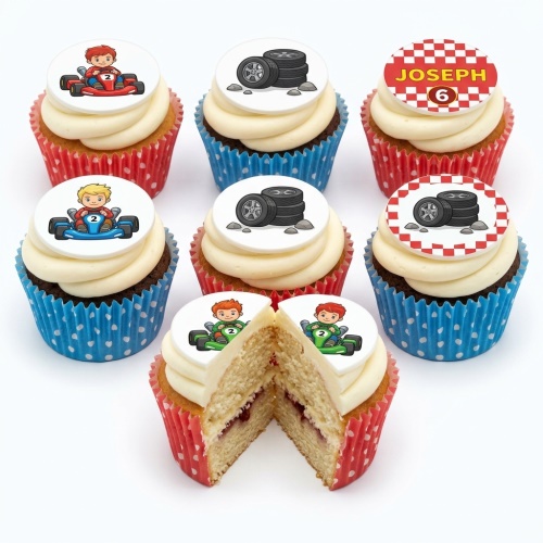 Go-kart racing themed cupcakes with custom age topper and tire decorations.
