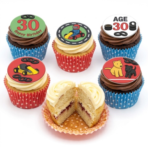 Go kart and racing themed birthday cupcakes with custom age topper and puppy design.