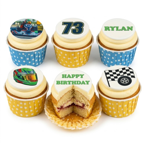 Six racing theme birthday cupcakes with go-kart, helmet, flag, wheel, and custom age/name toppers.