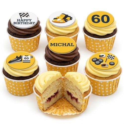 Racing themed cupcakes with go-kart, checkered flag, helmets, and custom age topper.
