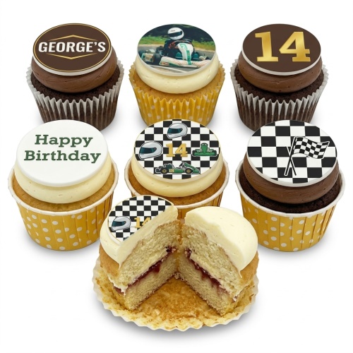 Selection of go-kart and racing themed birthday cupcakes with chequered flags, helmets, and custom age topper.