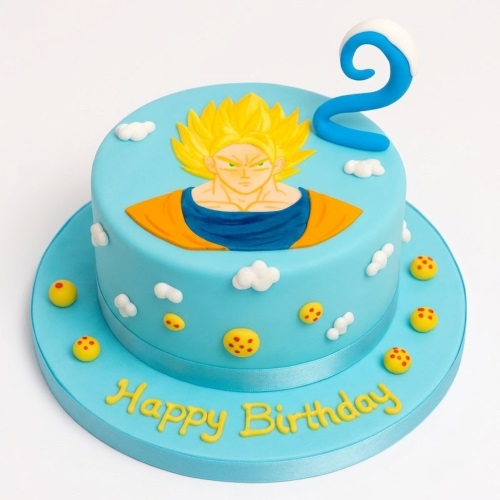 Round blue Dragon Ball Z cake with Goku, clouds, Dragon Balls, and a custom age topper.