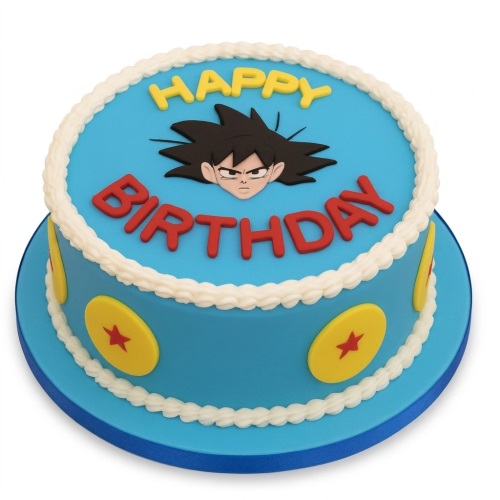 Round blue Dragon Ball Z birthday cake with Goku's face and "Happy Birthday" text, decorated with Dragon Balls.