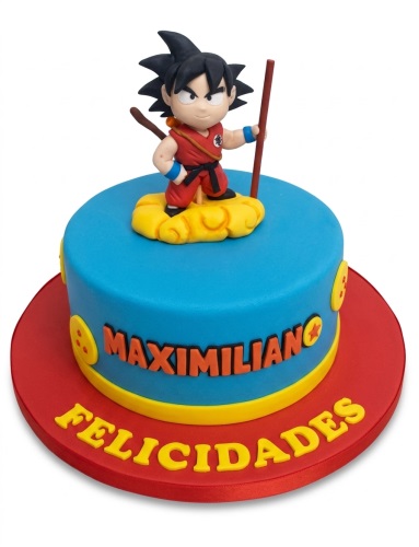 Round blue Dragon Ball Z cake with Goku figurine on cloud, yellow Dragon Ball decorations, and custom message.