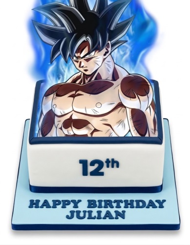 Square white birthday cake with Goku from Dragon Ball Z, custom age, and personalised message.