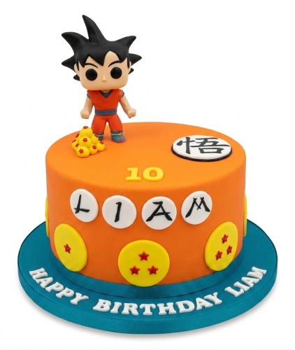Orange Dragon Ball Z birthday cake with Goku figure, Dragon Balls, and custom age topper.
