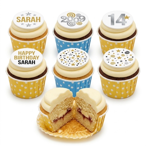 Six birthday cupcakes with white frosting, custom age, name, and message toppers featuring gold, silver, and black stars and swirls.