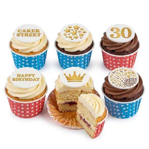 Vanilla and chocolate cupcakes with white frosting and gold celebration toppers.