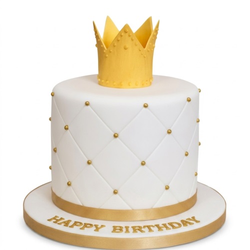 White round birthday cake with gold quilted pattern, gold edible pearls, and a gold crown topper.