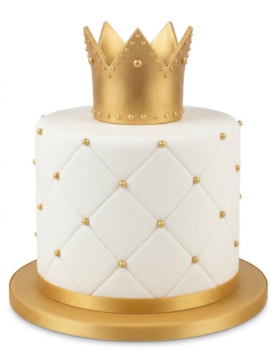 White single-tier cake with quilted pattern, gold pearls, gold ribbon, and a gold crown topper.