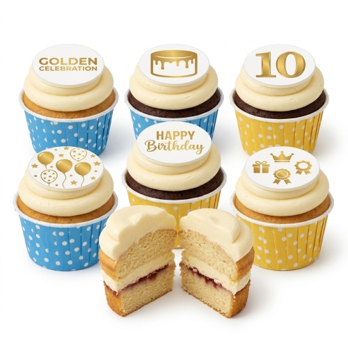 Assortment of golden-themed birthday cupcakes with custom age and celebration toppers, in blue and yellow polka dot wrappers.