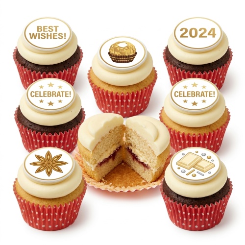 Assortment of celebration cupcakes with cream frosting and gold-themed custom toppers, including a custom year, 'Best Wishes', 'Celebrate', a chocolate, a star anise, and white chocolate bars.