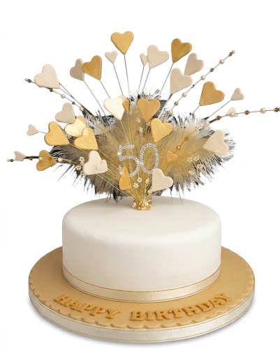 White round birthday cake with gold and cream heart toppers, feathers, and a custom age topper.